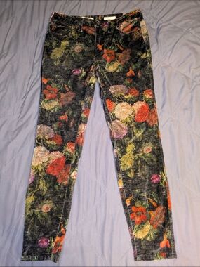 Floral Velvet Skinny Pants in Black with Multicolor Blooms